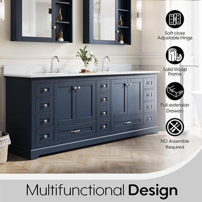 WELLFOR 84 Inch Bathroom Vanity with Double Sinks, Bathroom Freestanding Vanity W/4 Soft-Close Doors and 14 Drawers, Large Storage Space Vanity, Cultured Marble Countertop Vanities (Navy Blue)