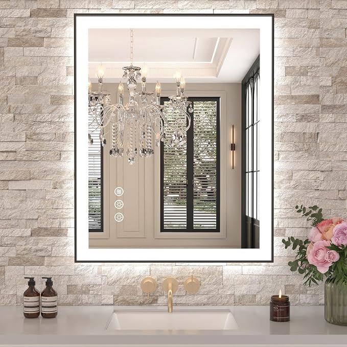 LED Bathroom Mirror, 24"x32" Frontlit&Backlit, Controlled Separately | Black Metal Frame, Stepless Dimmable, Anti-Fog, HD Reflection, Shatter-Proof, 3 Colors Lighting, Memory, UL Listed