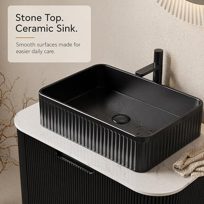 30 Inch Bathroom Vanity with Sink, Floating Wall Mounted Single Sink Vanity, Black Curved Fluted Front, Stone Top, Black Textured Rectangular Vessel Basin, Pre-Assembled