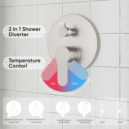 Gabrylly Shower System, Shower Faucet Set with Pressure Balance Shower Valve, 10" Rain Shower Heads with Handheld Spray, Wall Mounted Shower Fixtures, High Pressure Shower Head Set, Brushed Nickel