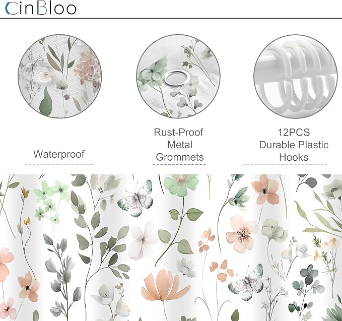 Sage Green Cute Floral Flower Wildflower Summer Bathroom Shower Curtain Set | 72Wx72H Spring Butterfly Plants, waterproof HD printed shower curtain, quick-dry fabric, free hooks for easy installation.