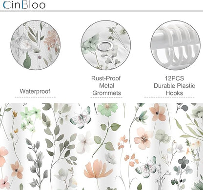 Sage Green Cute Floral Flower Wildflower Summer Bathroom Shower Curtain Set | 72Wx72H Spring Butterfly Plants, waterproof HD printed shower curtain, quick-dry fabric, free hooks for easy installation.