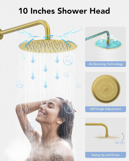 10" High-Pressure Rainfall Shower System with Handheld Spray, Wall Mount Bathroom Shower Faucet Set (Brushed Gold)