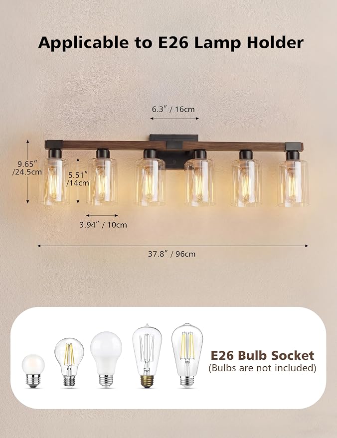VOLISUN Farmhouse Bathroom Vanity Light Fixtures, 6 Light,UL Certificated | 6 Light Bathroom Vanity Lights Over Mirror, Rustic Vanity Light for Bathrooms,Wood Bathrooms Lights Fixtures Over Mirror