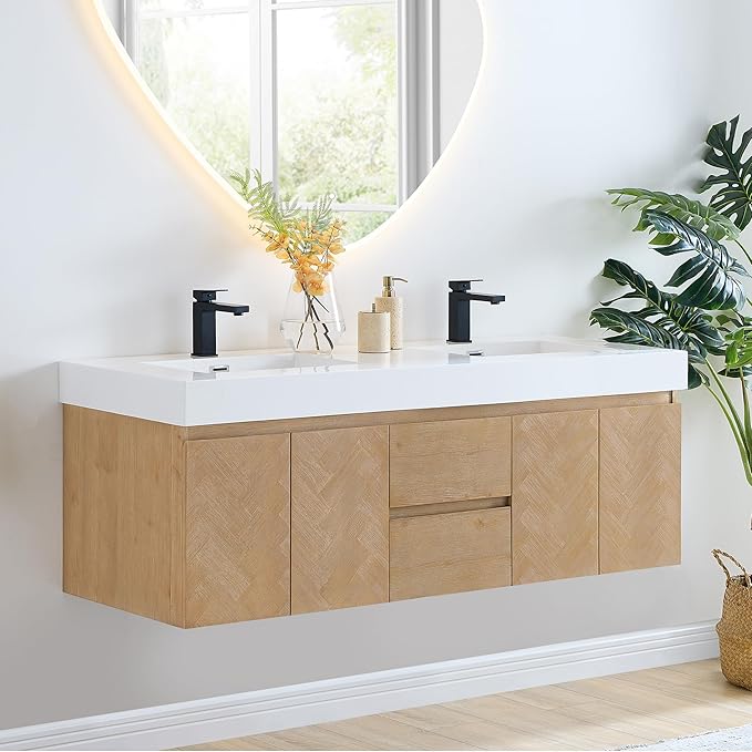 60 Inch Floating Sink Bathroom Vanity Wall Mount Double Vanities Overflow Mordern Large Storge Cabinet with Ceramic Countertop Double Soft Closing Drawers Pre-Assembled