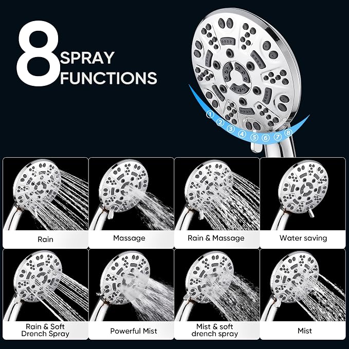Cobbe 8-Setting Handheld Shower Head, Water-Saving Design, Chrome | Trickle Pause Mode, 5ft Stainless Steel Hose, Brass Swivel Bracket, Tool-Free Installation