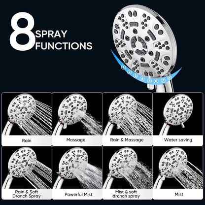 Cobbe 8-Setting Handheld Shower Head, Water-Saving Design, Chrome | Trickle Pause Mode, 5ft Stainless Steel Hose, Brass Swivel Bracket, Tool-Free Installation