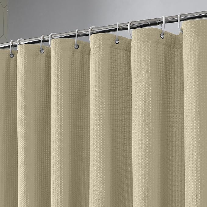 Extra Long Shower Curtain Set - 84 Inch Long Waffle Weave Heavy Duty Cloth Shower Curtain for Bathroom, Luxury Weighted 230GSM Bath Curtain Set with 12 Plastic Hooks, 72Wx84L, Taupe