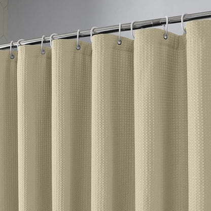 Extra Long Shower Curtain Set - 84 Inch Long Waffle Weave Heavy Duty Cloth Shower Curtain for Bathroom, Luxury Weighted 230GSM Bath Curtain Set with 12 Plastic Hooks, 72Wx84L, Taupe