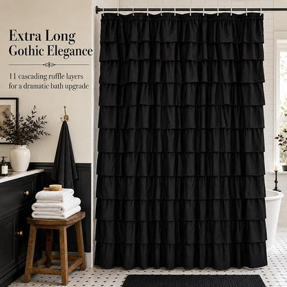 Black Gothic Shower Curtain for Bathroom, Extra-Long 72 x 84 inch, Ruffle | Cascading Layered Ruffles, 72x84, 8ft, 12 Plastic Hooks Included, Machine Washable, Soft Brushed Microfiber Fabric