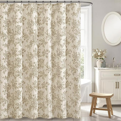 Extra Long Beige Floral Shower Curtain W72*L84 Inches Long | Linen Textured Fabric, 12 Rustproof Metal Hooks, Wrinkle Resistant Cloth, Machine Washable, Bathroom Decor for Cottage Core
