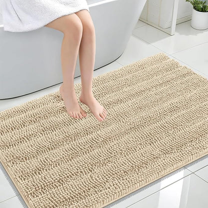 OLANLY Thick Large Bathroom Rugs 47x32, Soft Chenille Bath Rugs, Beige | Absorbent Striped, Rubber Backing, Machine Wash Dry, Bath Mats for Bathroom Floor, Tub and Shower, Home Decor Accessories