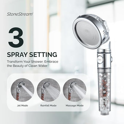 Original StoneStream Filtered Shower Head, Eco Power High Pressure Water Softener Showerhead with ON/OFF switch and Spa like Ionic beads for Dry Skin & Hair — 3 Spray Settings