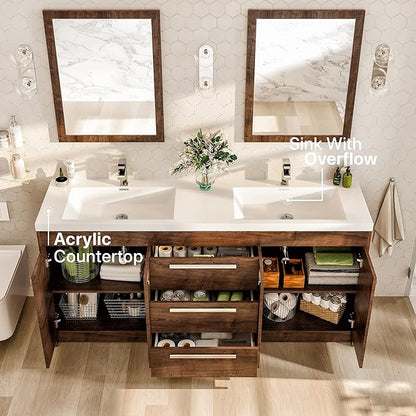 Eviva Lugano 72 in. Rosewood Double Sink Bath Vanity with Acrylic Top and Integrated Sinks