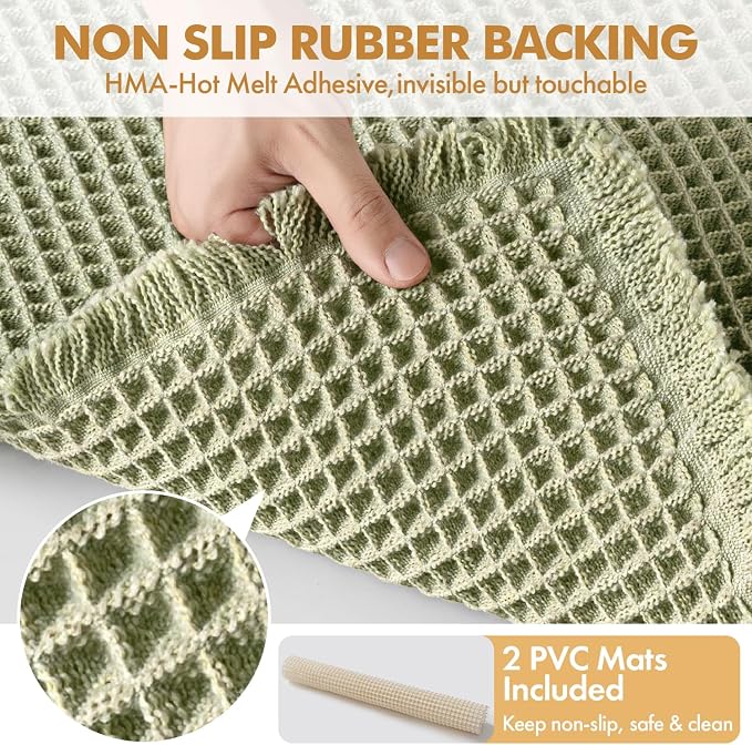 MIULEE Set of 2 Waffle Bathroom Rugs Sage Green Bath Mat 17"x24"+18"x30" | Non Slip, Super Absorbent, Washable, Ultra Soft, Rubber Backed, Small Boho Bath Rugs for Bathroom Floor Tub Shower