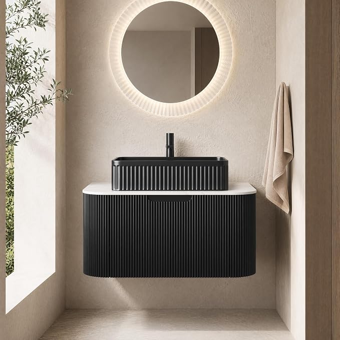 30 Inch Bathroom Vanity with Sink, Floating Wall Mounted Single Sink Vanity, Black Curved Fluted Front, Stone Top, Black Textured Rectangular Vessel Basin, Pre-Assembled