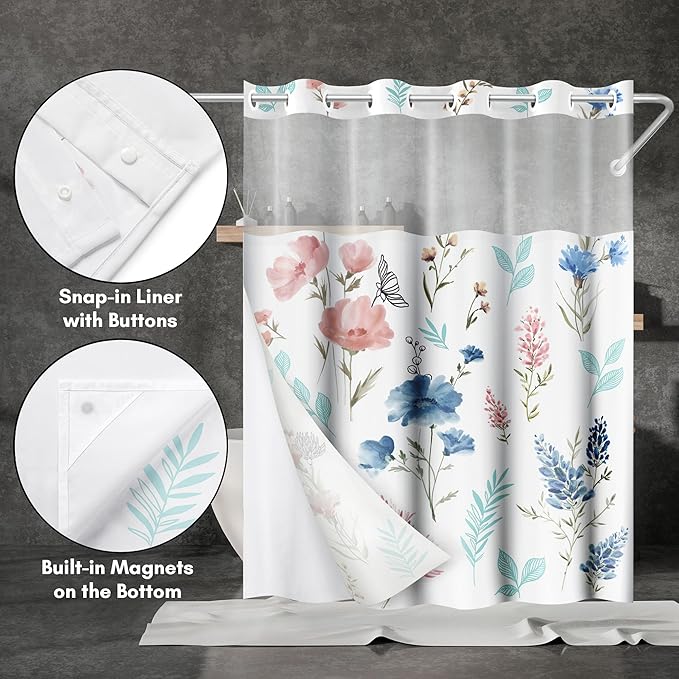 Americanflat 72x75 Hookless Shower Curtain - Water-Resistant Floral Shower Curtain with Sheer Panel, Snap-in Liner, and Grommets - 100% Polyester - Botanical Bathroom Curtains - Pink, Blue and White
