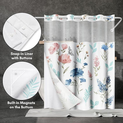 Americanflat 72x75 Hookless Shower Curtain - Water-Resistant Floral Shower Curtain with Sheer Panel, Snap-in Liner, and Grommets - 100% Polyester - Botanical Bathroom Curtains - Pink, Blue and White