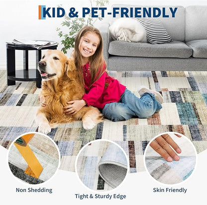 Modern Area Rugs 5x7 Washable Geometric Throw Rugs with Non-Slip Backing, Non-Shedding Contemporary Accent Carpet, Low Pile Floor Cover for Bedroom, Office, Multi-Color