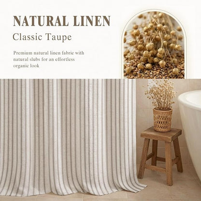 Farmhouse Striped Shower Curtain Taupe Vintage Linen Curtain 60"W X 72"L | Striped Shower Curtains with Linen Texture for Bathroom Decor