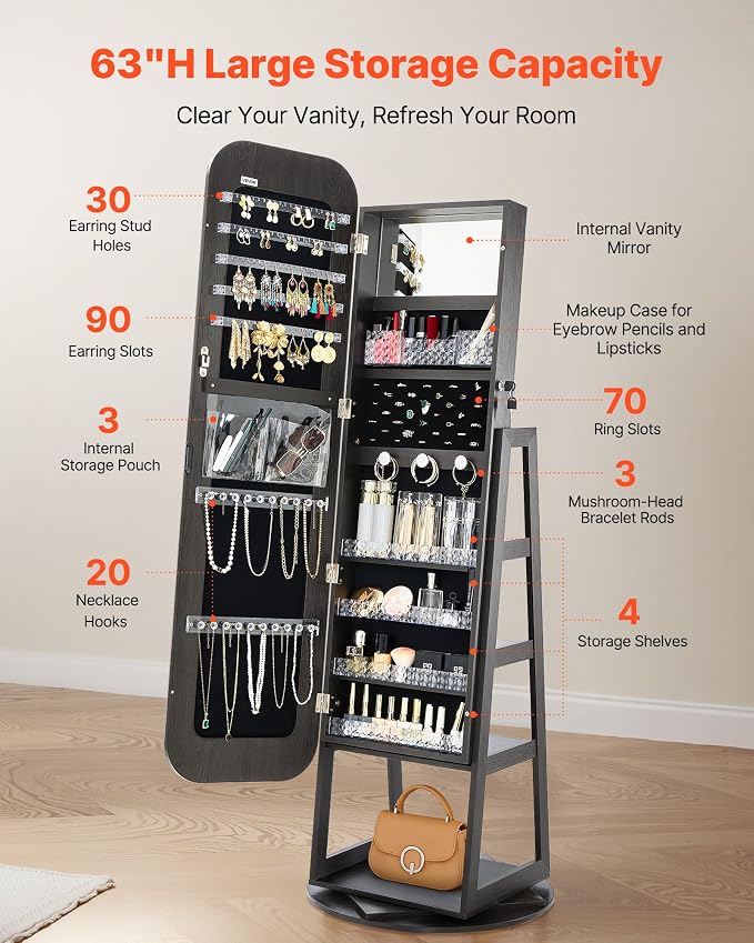 VEVOR 360° Swivel Jewelry Cabinet, 63-inch Tall, Full-Length Mirror with Storage, Standing Rotatable Jewelry Armoire Organizer, Lockable Door with 2 Keys, Accessory Pouches, and Storage Shelves