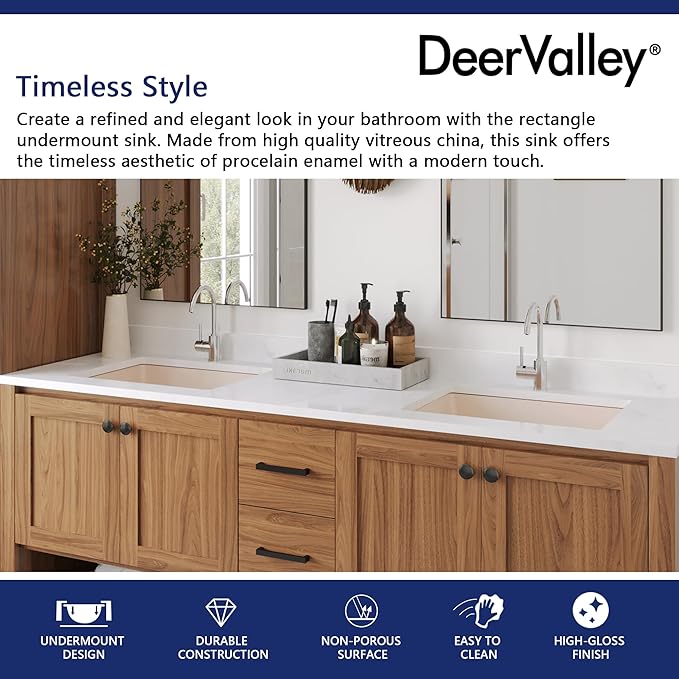 DeerValley Rectangular Undermount Bathroom Sink,19.72"x15.59"x6.54" Modern Vessel Sink Bone Color Undermount Bathroom Sink Rectrangle Porcelain Ceramic Lavatory Vanity Vessel Sink with Overflow