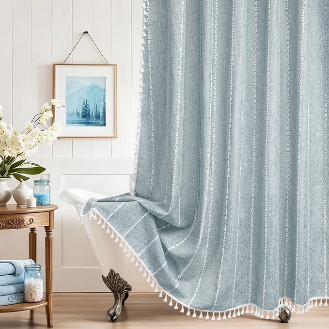 Seenus Boho Chic Shower Curtain Heavyweight with Tassels, 72 x 72 inch Sky Blue Linen Textured Fabric Shower Curtain, Country Farmhouse Striped Bathroom Decor Curtain Water Repellent