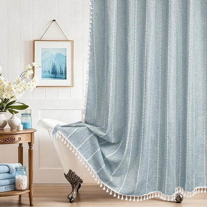 Seenus Boho Chic Shower Curtain Heavyweight with Tassels, 72 x 72 inch Sky Blue Linen Textured Fabric Shower Curtain, Country Farmhouse Striped Bathroom Decor Curtain Water Repellent