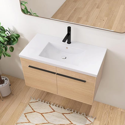 36" Floating Bathroom Vanity,36 Inch Bathroom Vanity with Sink,Single Sink Wall Mounted Vanity Combo,Brown Wall Mounted Cabinet Set