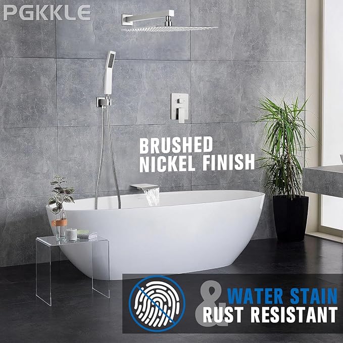 10 Inch Rainfall Shower System with Tub Spout - Wall Mounted Complete Combo with Solid Brass Pressure Balancing Valve, High Pressure Shower Head, Handle Set & Installation Accessories Brushed Nickel