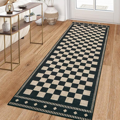 Garvee Washable Kitchen Runner 2x6 Checkered Black Non Slip Low Pile | Farmhouse Geometric Entryway Rug Soft Bathroom Rugs Stain Resistant Carpet for Laundry Bedroom