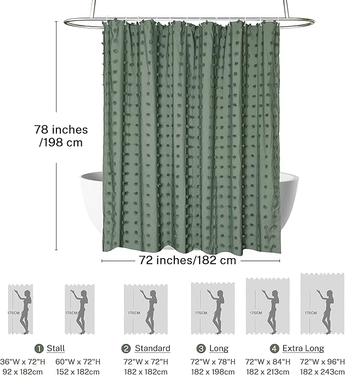 Extra Long Green Boho Shower Curtain Woven Fabric Cute Shower Curtain, 72 x 78 Tufted Pleat Floral Puffs Textured Modern Farmhouse Minimalist Shower Curtain Set with Hooks for Bathroom