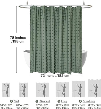 Extra Long Green Boho Shower Curtain Woven Fabric Cute Shower Curtain, 72 x 78 Tufted Pleat Floral Puffs Textured Modern Farmhouse Minimalist Shower Curtain Set with Hooks for Bathroom