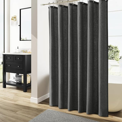 Dark Grey Linen Shower Curtain, Country Boho Farmhouse Bath Decor Shower Curtains Neutral Cloth Weighted Textured Fabric Bath Curtain Liner with Hooks, 72x80