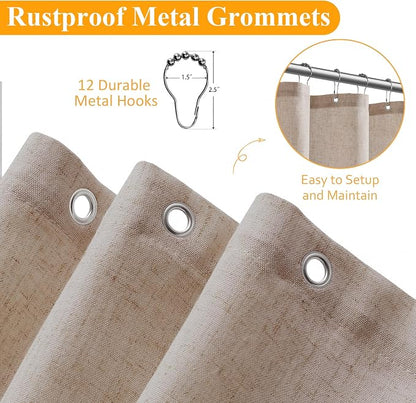 Extra Long Linen Shower Curtain 84 Inch Long for Bathroom Shower Curtains Set with Hooks Boho Farmhouse Fabric Neutral Cloth Modern Cottage Core Waterproof,Sand Beige