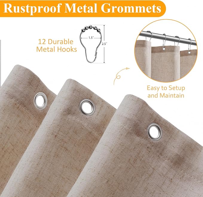 Linen Shower Curtain 72 Inch Long for Bathroom Boho Farmhouse Fabric Shower Curtains Set with Hooks Neutral Cloth Modern Cottage Core Waterproof 72x72,Sand Beige