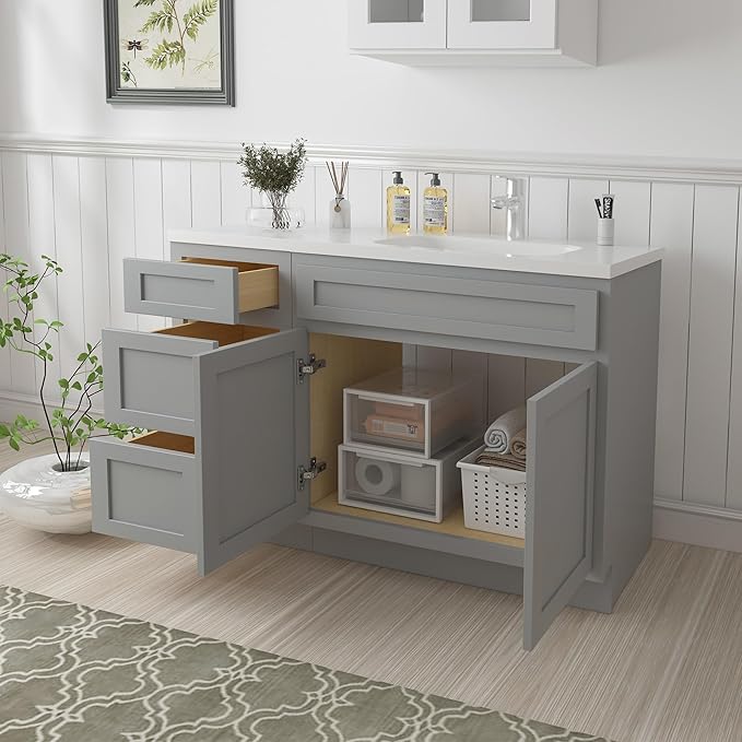 Vanity Art 54 inch Bathroom Vanity with Double Shutter Door, Gray Bathroom Vanity Cabinet with Soft Closing Shaker Drawer, Sturdy Floor Mounted Storage Cabinet Organizer for BathroomVA4039 & VA4015-3