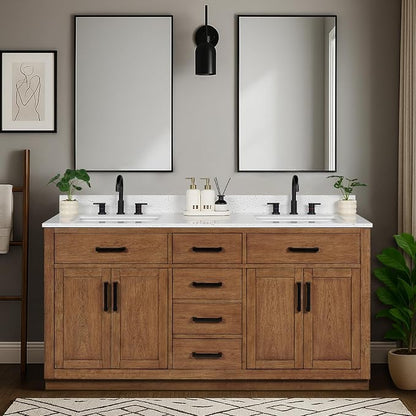 66-inch Dark Walnut Bathroom Vanity with 2 Sinks, Solid Wood, 0.79-inch Stone Countertop and Backsplash, 6 Drawers, 4 Soft Closing Doors