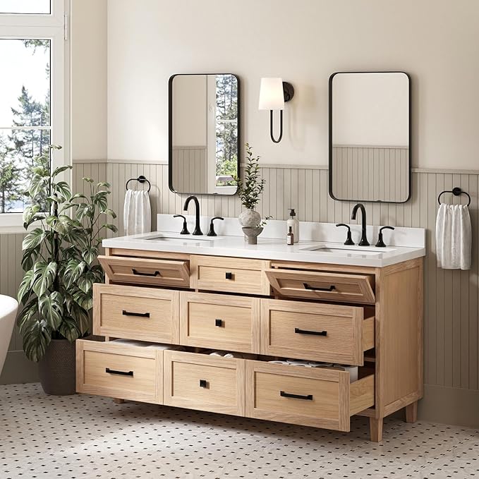 ARIEL Monroe 66-inch Bathroom Vanity with Sink,Solid Wood, 1.5-inch Pure White Quartz Countertop & Backsplash, Double Oval Porcelain Sink, 9 Dovetail Drawers, Matte Black, White Oak