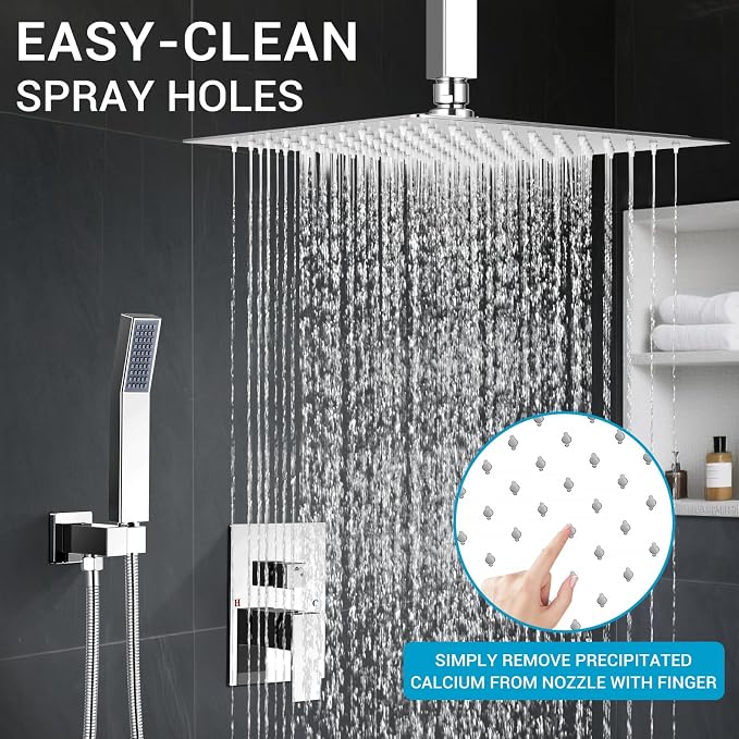 10" Square Ceiling Rain Shower Faucet Set, Chrome | Anti-scald cartridge, air tech boosts pressure 30%, dual spray, NPT 1/2