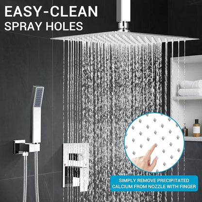 10" Square Ceiling Rain Shower Faucet Set, Chrome | Anti-scald cartridge, air tech boosts pressure 30%, dual spray, NPT 1/2