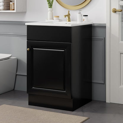 Christopher Knight Home Vanes Wood Frame 20" Bathroom Vanity with Ceramic Sink, Cabinet with Soft-Closing Door Shelf and Adjustable Shelf, Open Back, Metal Hardware, Storage/Organizer, Black