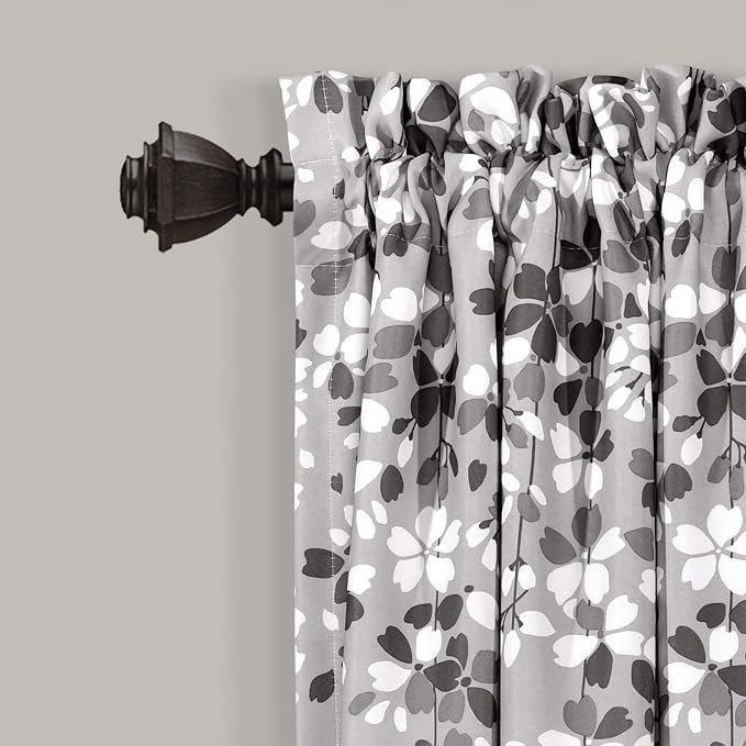 Lush Decor Weeping Flower Light Filtering Window Curtain Panels, Pair, 52"W x 63"L + 2" Header, Gray - Charming Modern Floral Curtains for Living Room, Dining Room, & Bedroom