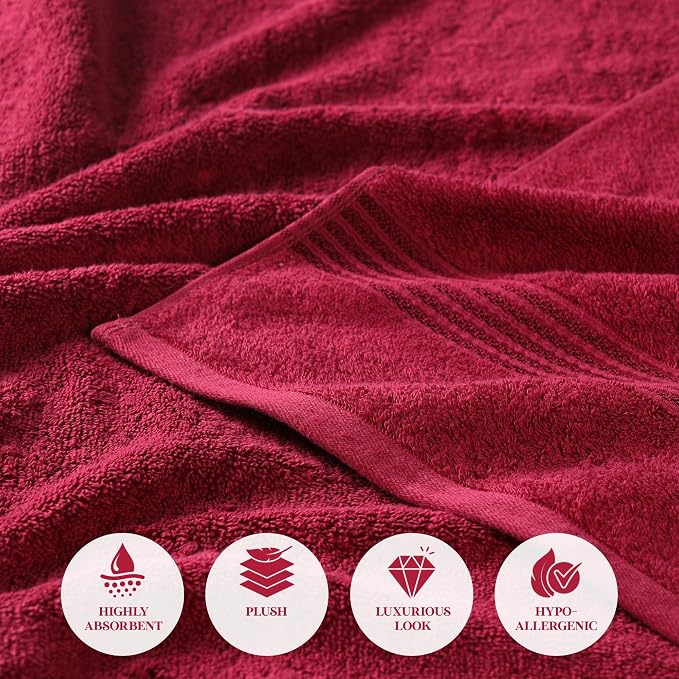 Superior Egyptian Cotton Bath Towel Set, Home Bathroom Towels, Master, Guest Bath, Decor Essentials, Quick Dry, Absorbent, Large Body Towels, Spa, Hotel, Resort, Adult, Kids, Set of 2, Burgundy