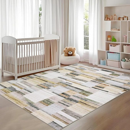 Modern Rugs for Living Room 5x7 Area Rugs Washable Geometric Throw Rugs with Non-Slip Backing, Non-Shedding Contemporary Accent Carpet, Low Pile Floor Cover for Bedroom, Office, Khaki Grey