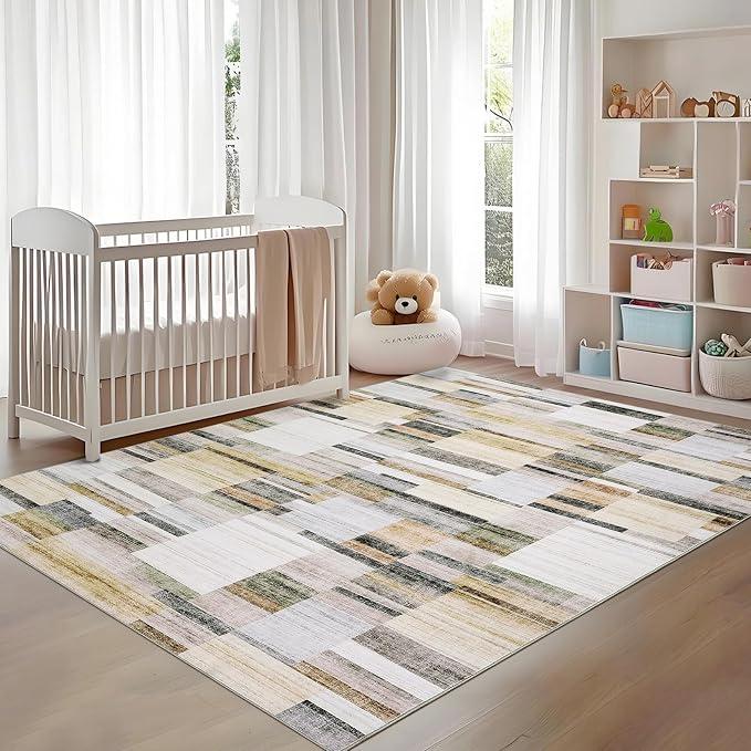 Washable Area Rug 8 x 10 Living Room Rug Modern Geometric Rug Non Slip Throw Rugs Farmhouse Large Bedroom Area Rug Stain Resistant Carpet for Dining Room Nursery 8'x10' Khaki&Grey