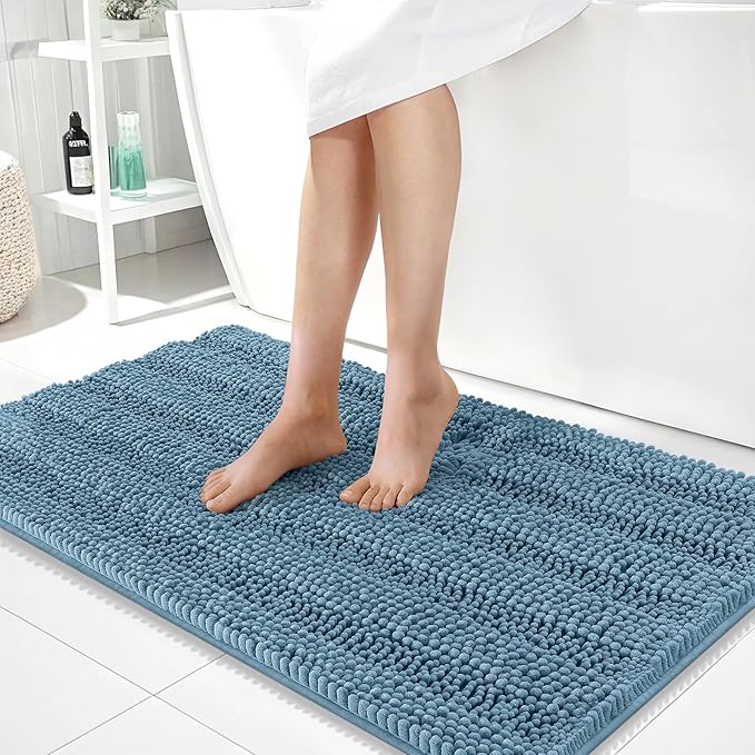 OLANLY Thick Large Bathroom Rugs 40x24, Soft Chenille Bath Rugs, Airy Blue | Absorbent Striped, Rubber Backing, Machine Wash Dry, Bath Mats for Bathroom Floor, Tub and Shower, Home Decor Accessories