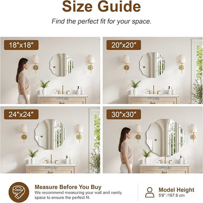 CILIBER Wavy Mirror for Wall, 30'' Scalloped Frameless Round Mirror, 3mm Tempered Glass Decorative Bathroom Vanity Mirror, Mounting/Leaning for Mantel, Living Room, Bedroom and Entryway