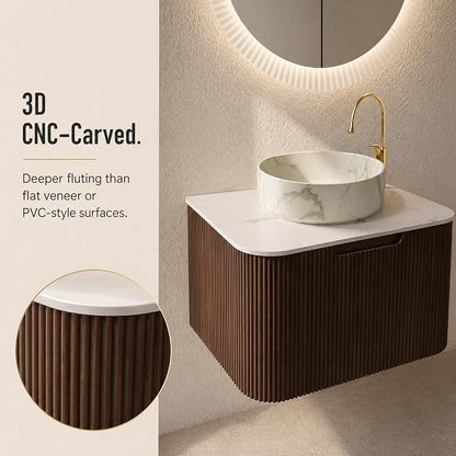24 Inch Bathroom Vanity with Sink, Floating Wall Mounted Single Sink Vanity for Small Baths, Dark Walnut Curved Fluted Front, Stone Top, Marble-Look Round Vessel Basin, Pre-Assembled