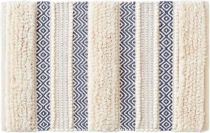 Ink+Ivy Bath Rug Hand-Woven Texture Shaggy Striped Soft & Water Absorbent, Boho Bathroom Décor Bath-Mats, Non-Slip Absorbent Quick Dry Mats for Tub, Shower Room, Asher, 20x32, Navy 1 Piece